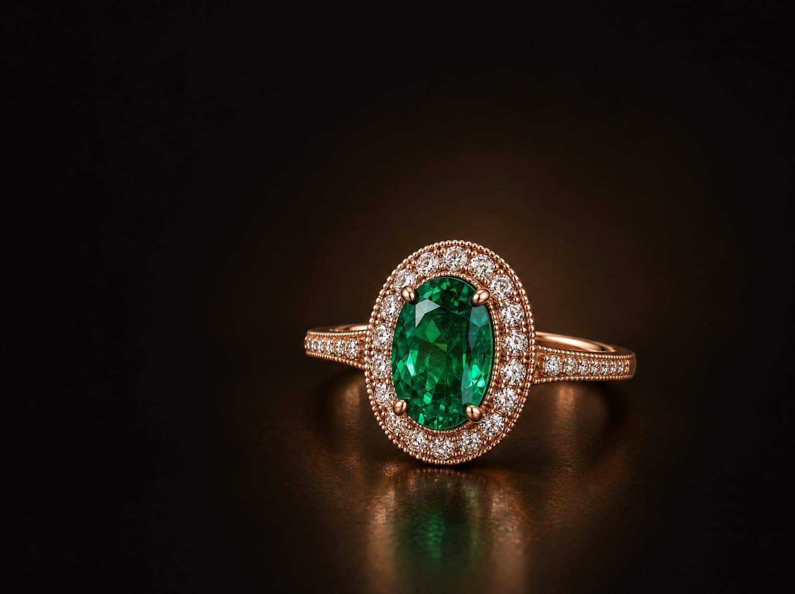 Rose-gold ring with an oval emerald in a milgrain diamond halo