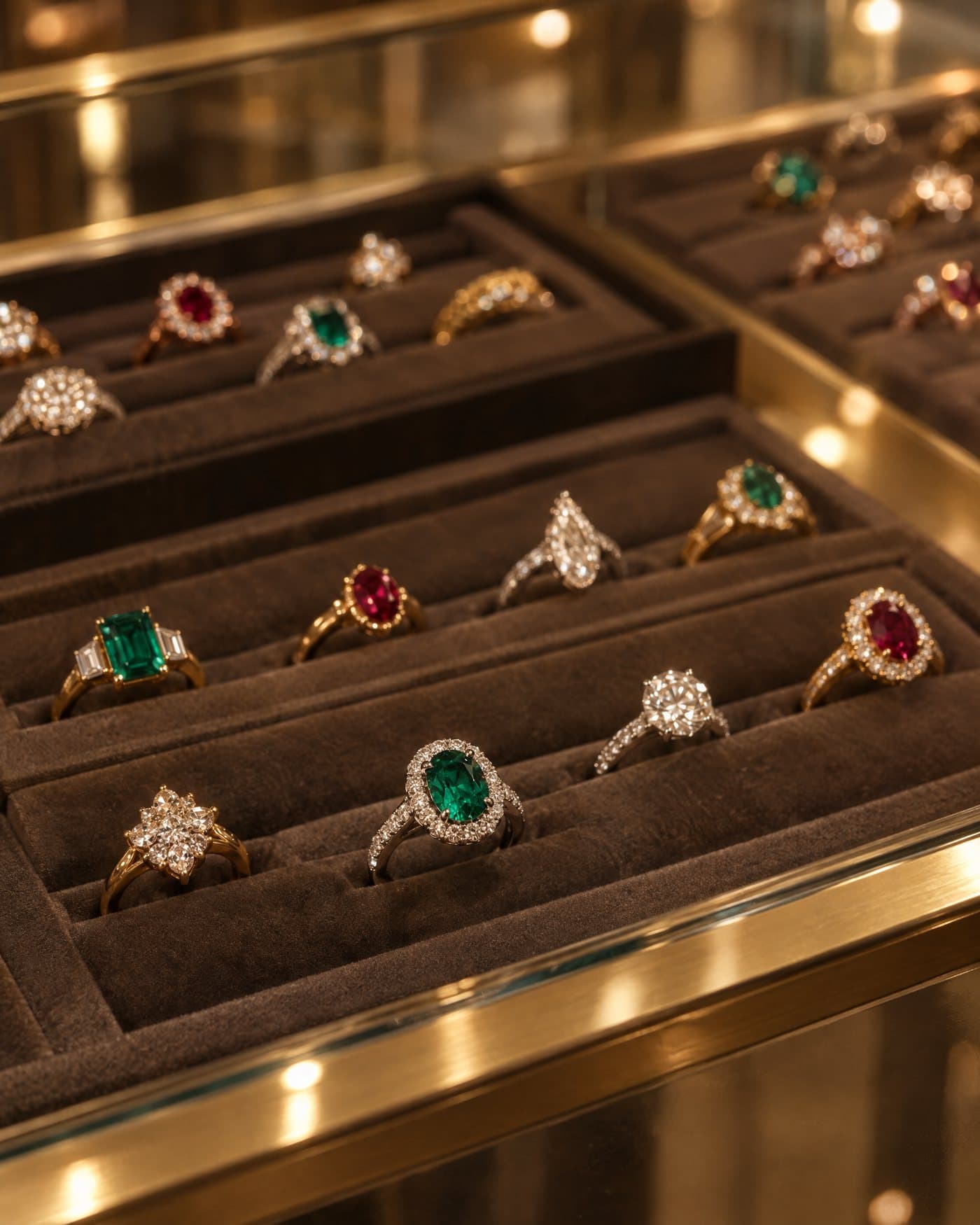 Rings on velvet trays in a jewelry display case