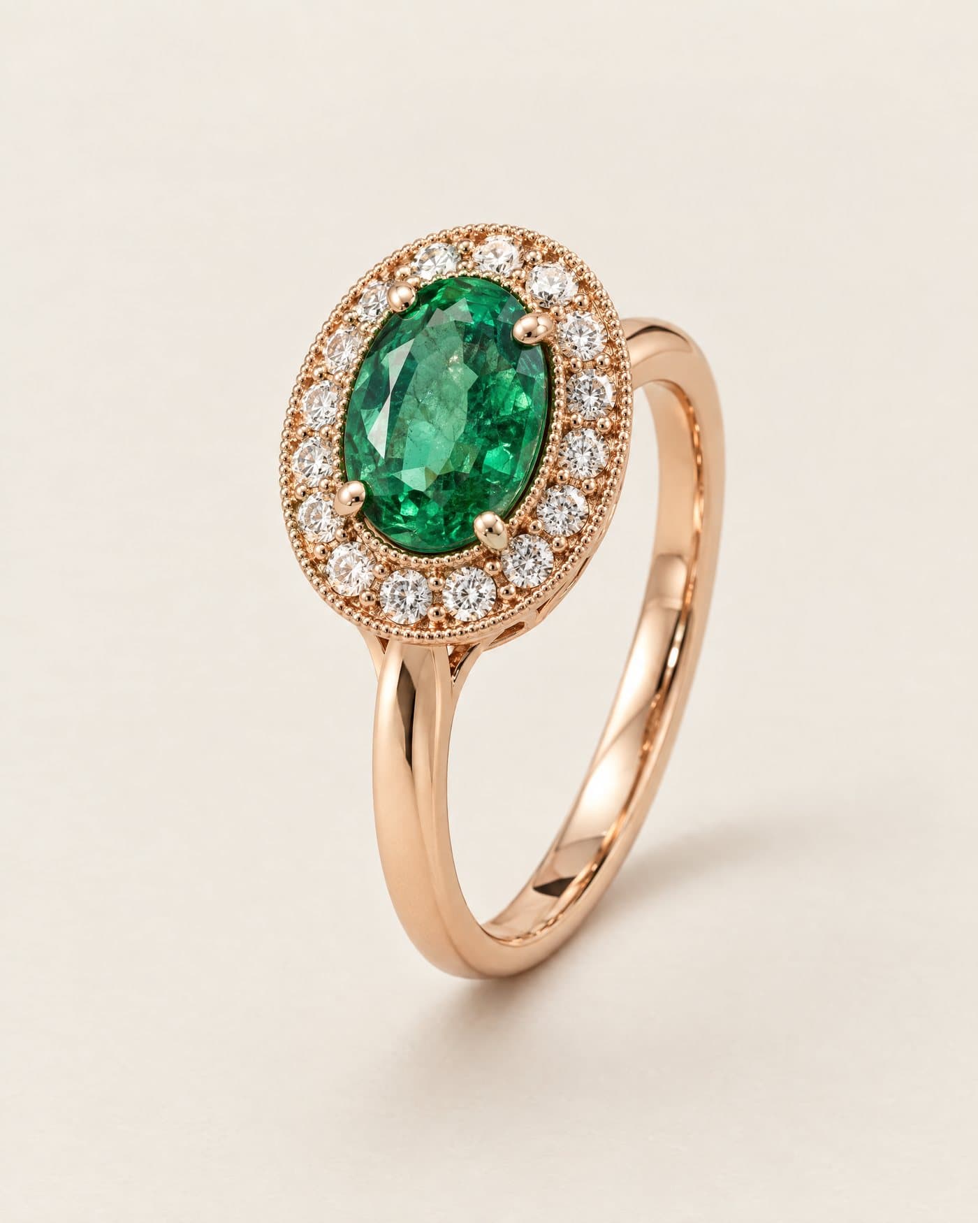 Photorealistic render of a rose-gold ring with an oval emerald halo